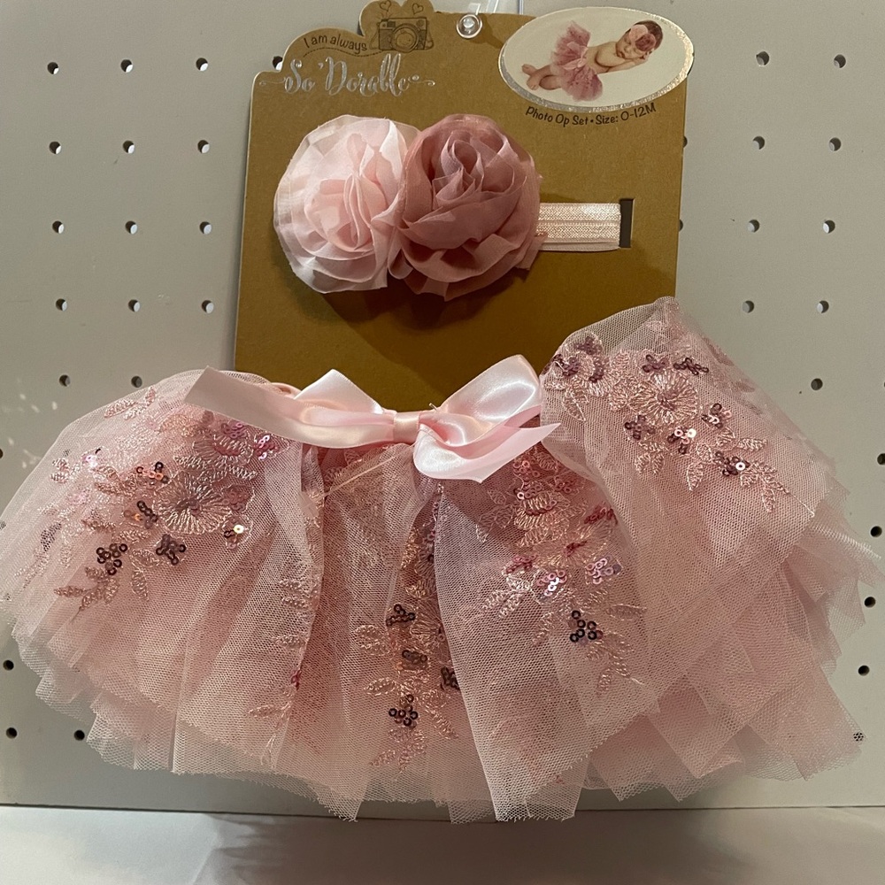 Shalom Pink Sequin Tulle Skirt & Flower Headband Set Photo Op